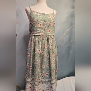 NWOT Floral Sun Dress Spaghetti Straps Button Front Light Green Sage Rust S